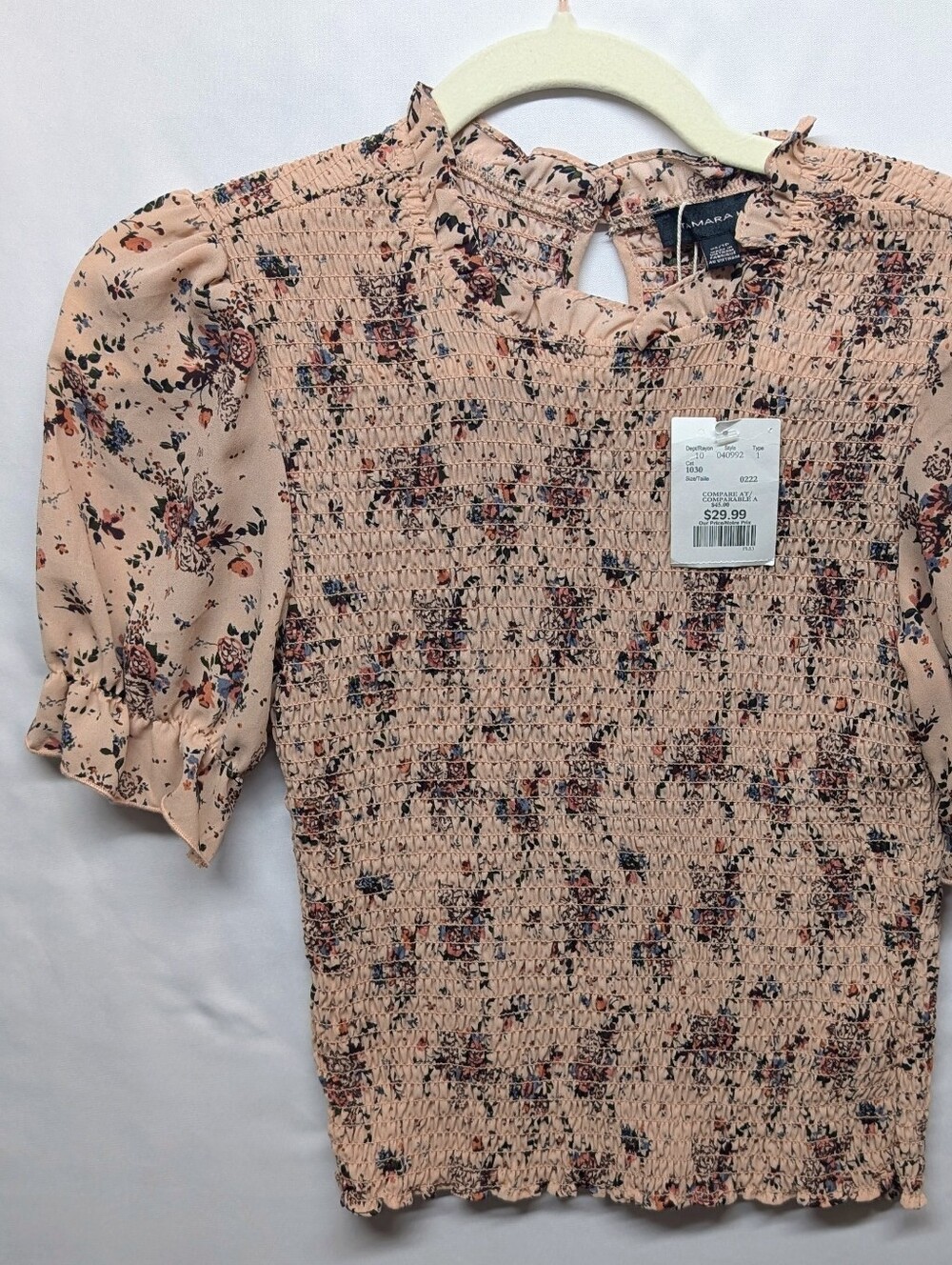 568-Tamara‎ H. Blush Pink Floral Smocked Puff-Sleeve Blouse